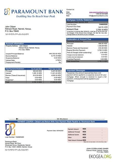 Modèle Word et PDF de relevé hypothécaire de la Paramount Bank du Kenya